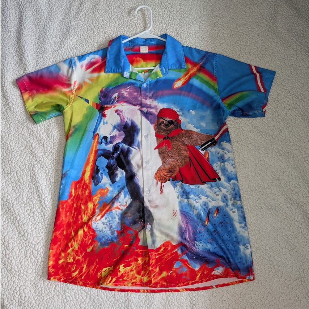 Festival Unicorn Sloth Pirate Laser Rainbow Button Up Short Sleeve Shirt Medium